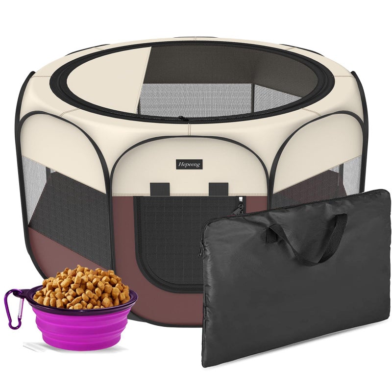 HEPEENG Portable Pet Playpen, 8-Panel Indoor/Outdoor Puppy Pen with Shade Cover & Travel Bag - Waterproof Dog Cat Tent Includes Collapsible Bowl - Image 1